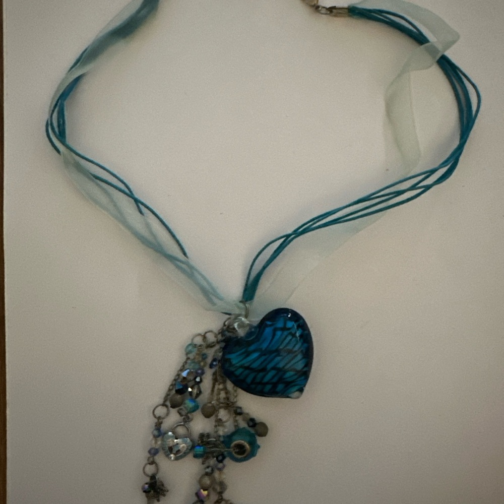 Beautiful Blue Glass Heart Charm Necklace
